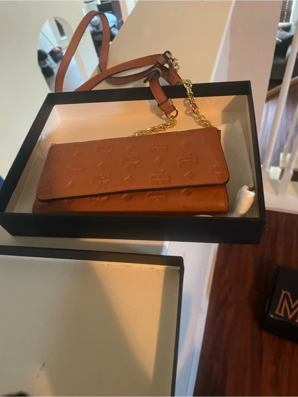 MCM Tan Embossed Leather Chain Strap Wallet Crossbody